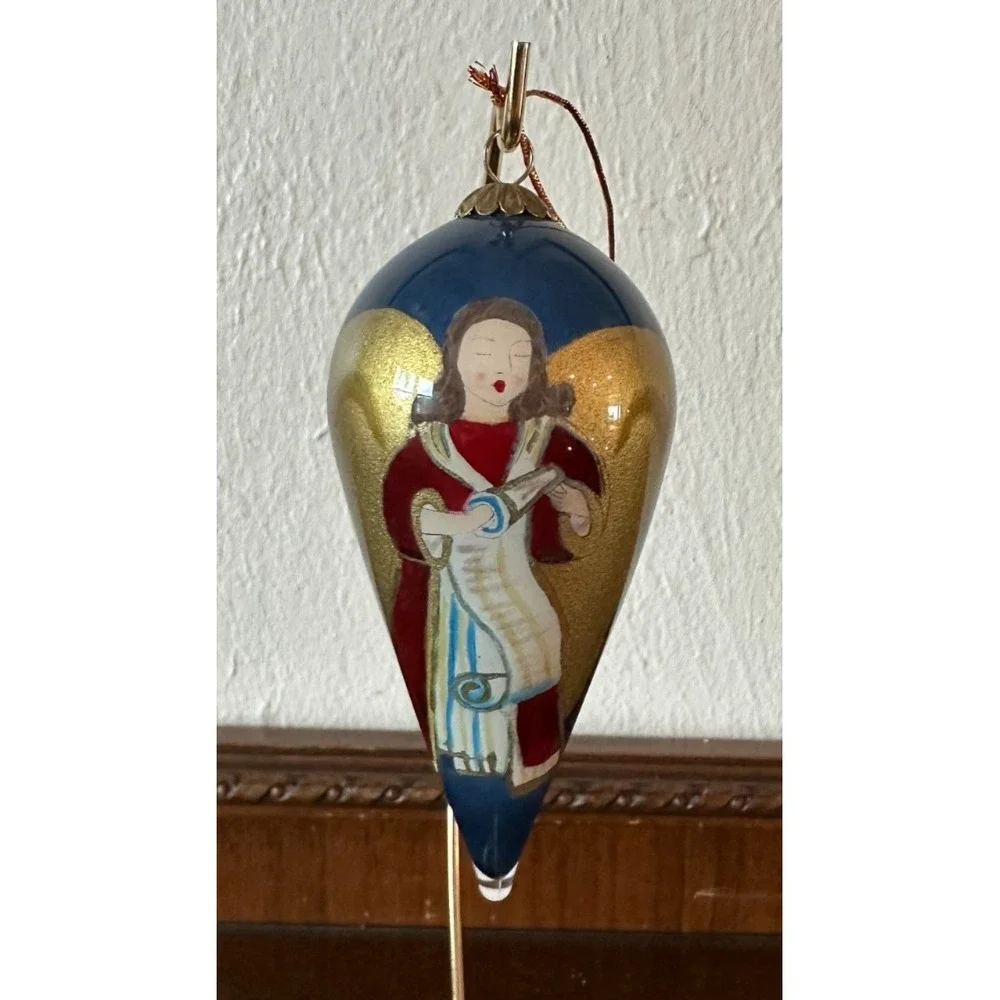Pier 1 Blue & Gold‎ Angel 2000 Painted Li Bien Glass Christmas Ornament 4.5